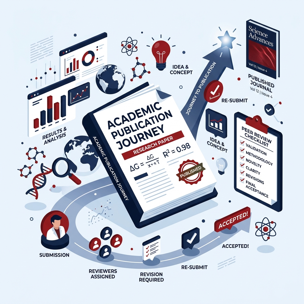 Premium Academic Research illustration showing manuscript audit, molecular systems, and publication cycle